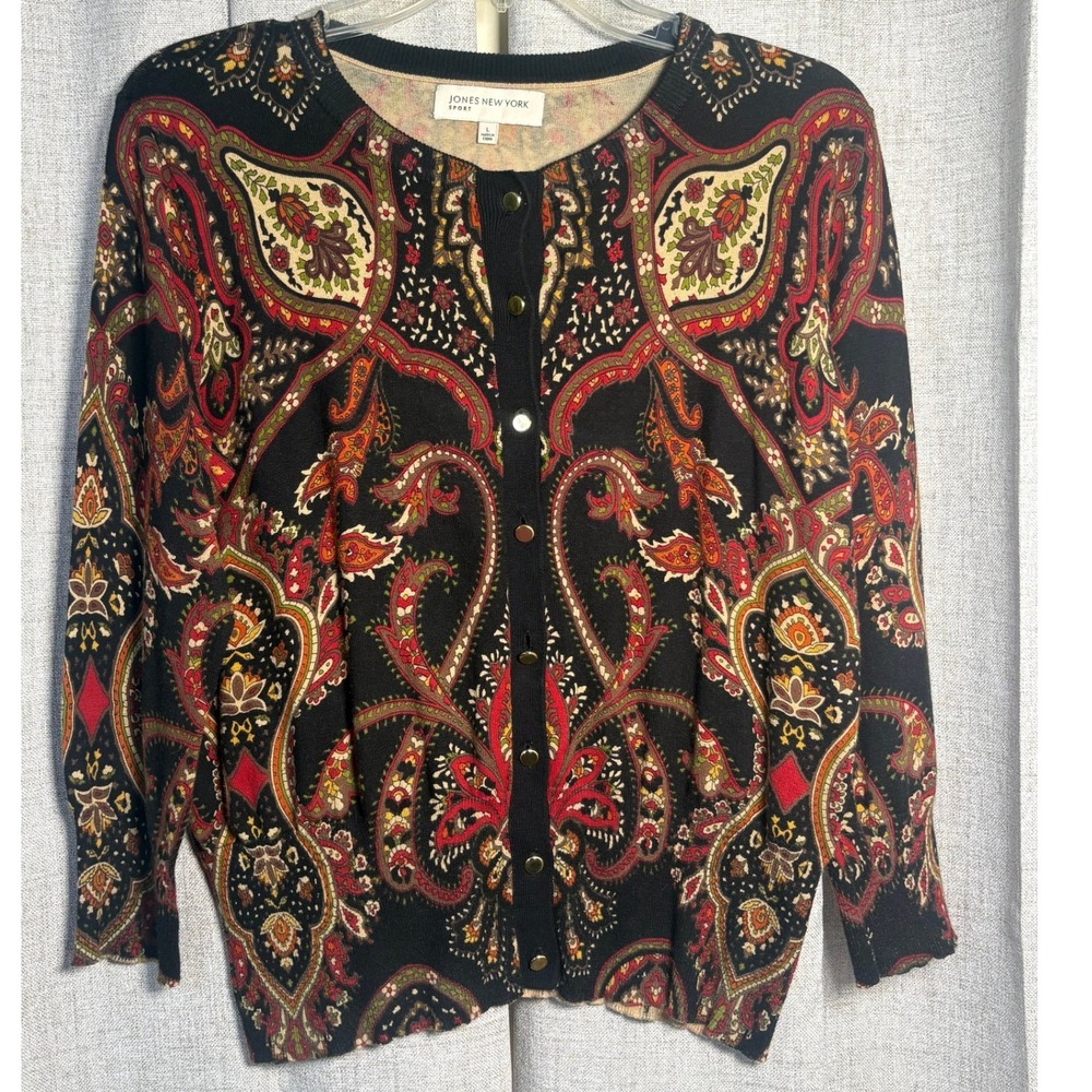 Jones New York Sport Womens Paisley Cardigan Sweater Black Red Cotton Blend L